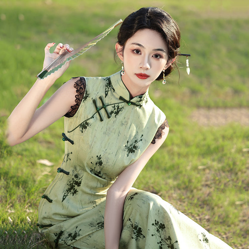 Elegant Vintage Sleeveless Cheongsam Dress – Floral Print Hanfu Qipao Gown