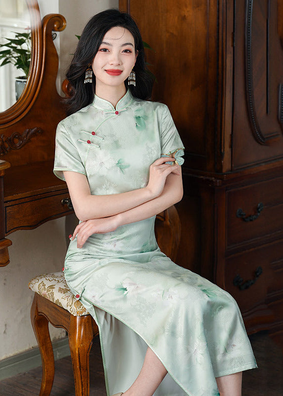 Light Green Vintage Qipao | Summer Short-Sleeve Floral Cheongsam