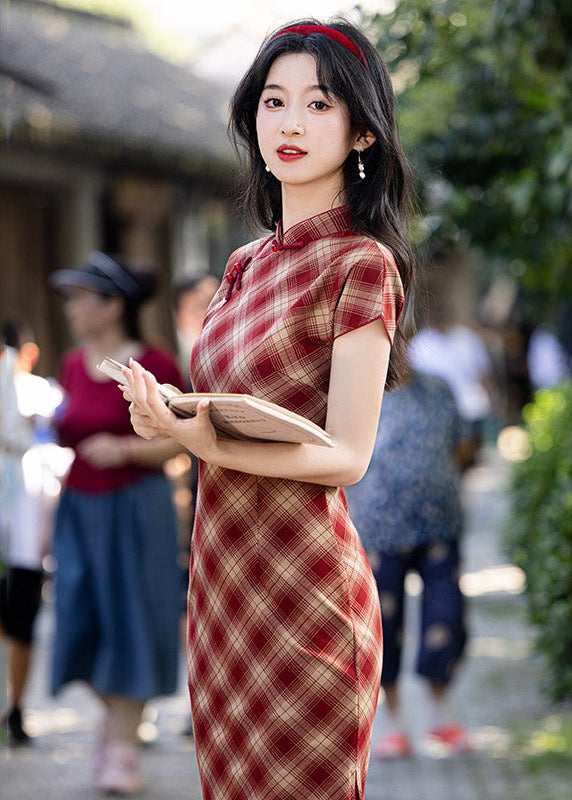 Vintage Red Plaid Qipao | Slim Mandarin Collar Maxi Dress