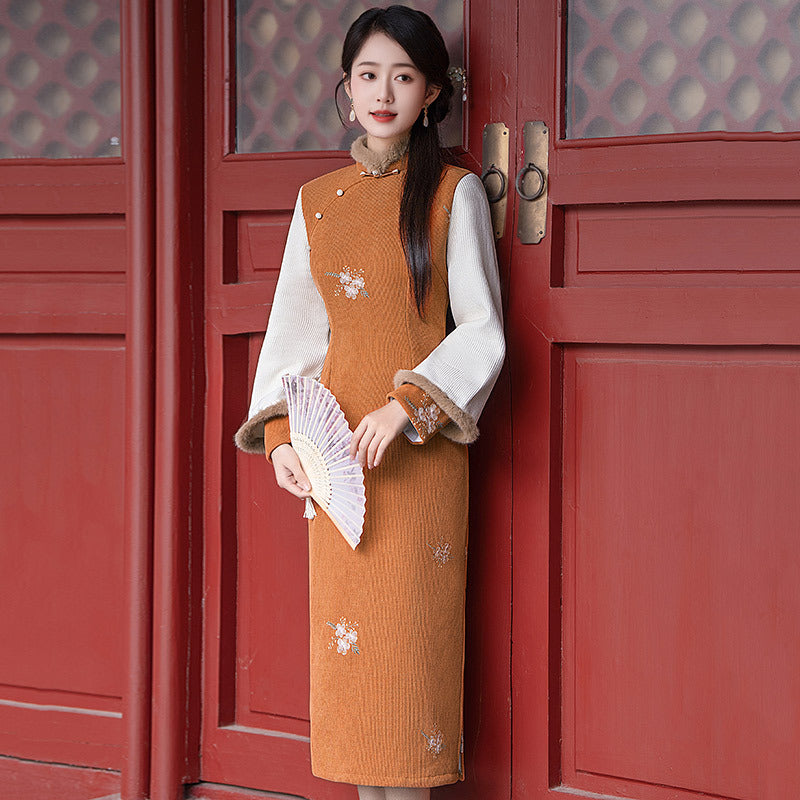 Vintage Embroidered Cheongsam Dress Elegant Hanfu Style Winter Qipao
