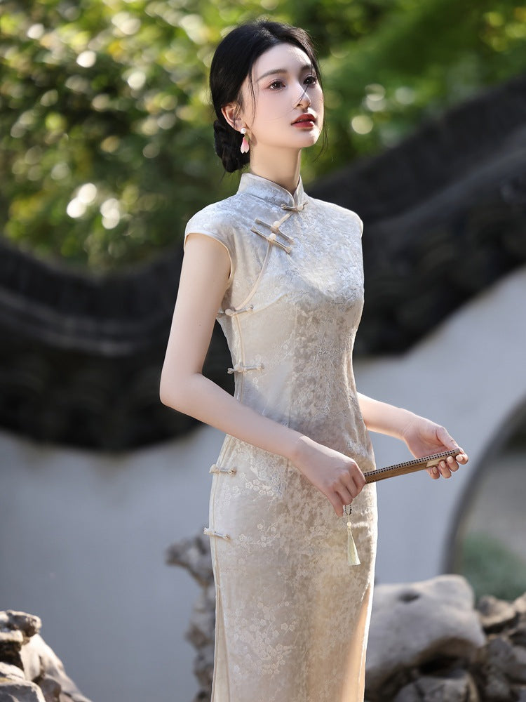 Beige Jacquard New-Chinese Sleeveless Qipao Dress | Sleek Elegant Maxi for Summer