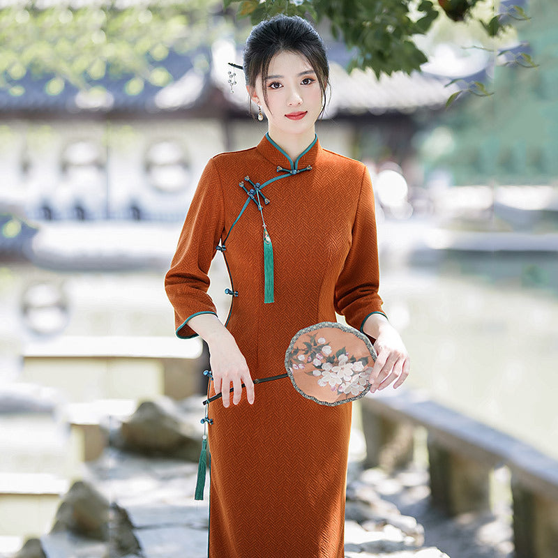 Elegant Red Chinese Style Dress with Floral Embroidery and Tassel Details