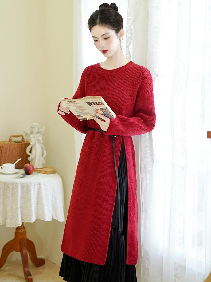 Elegant Red Knit Hanfu Sweater Dress with Belt – Vintage-Inspired Traditional Wear