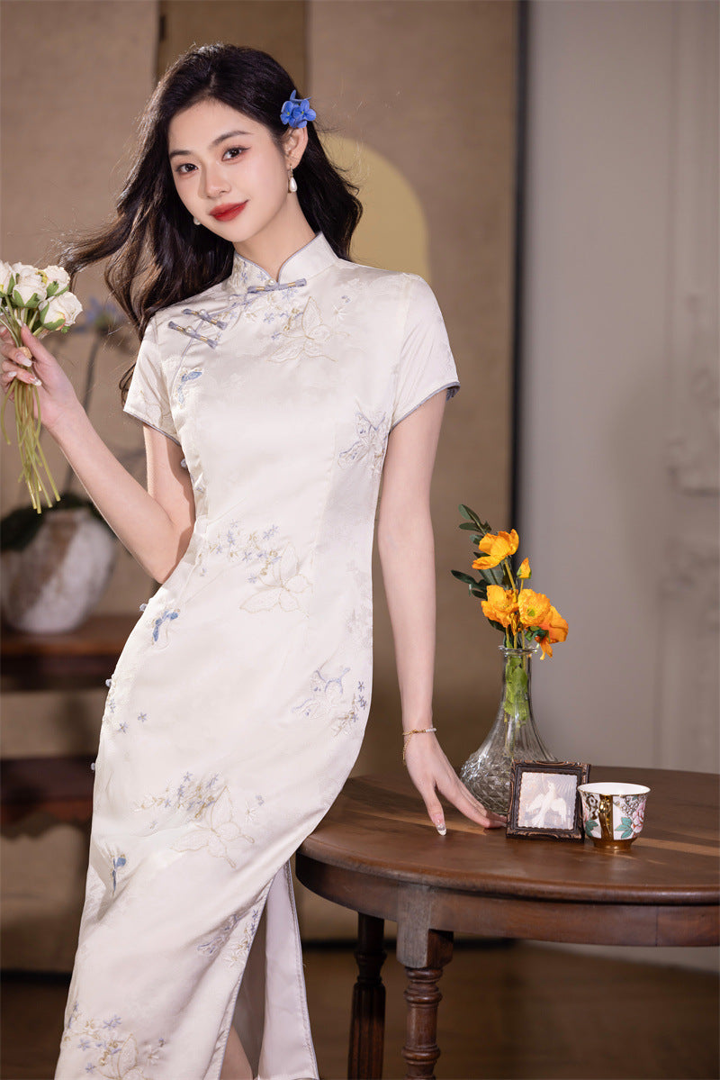 Ivory Embroidered Satin Long Qipao | Short-Sleeve Slim Silhouette