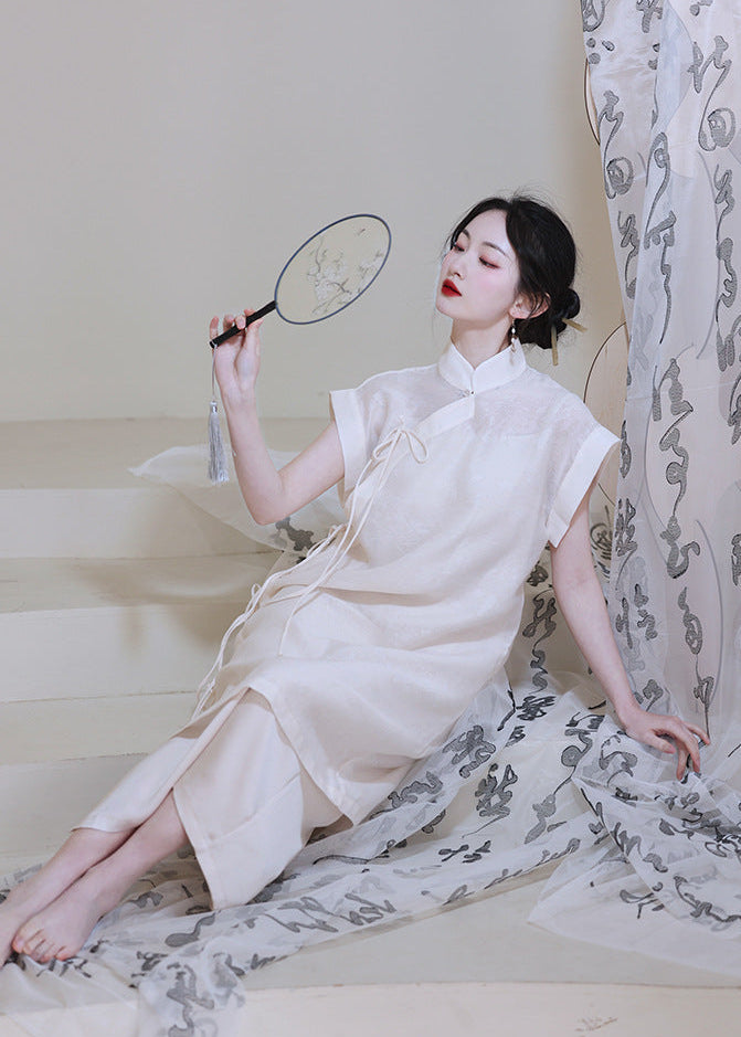 Modern Chinese Qipao Two-Piece Set | Ivory Mandarin-Collar Straight Dress