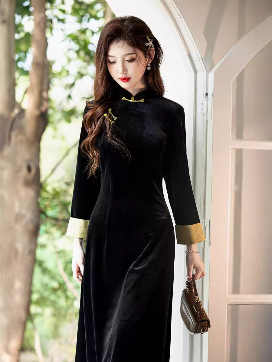 Black Cheongsam Dress with Yellow Collar – Elegant Chinese Traditional Dress