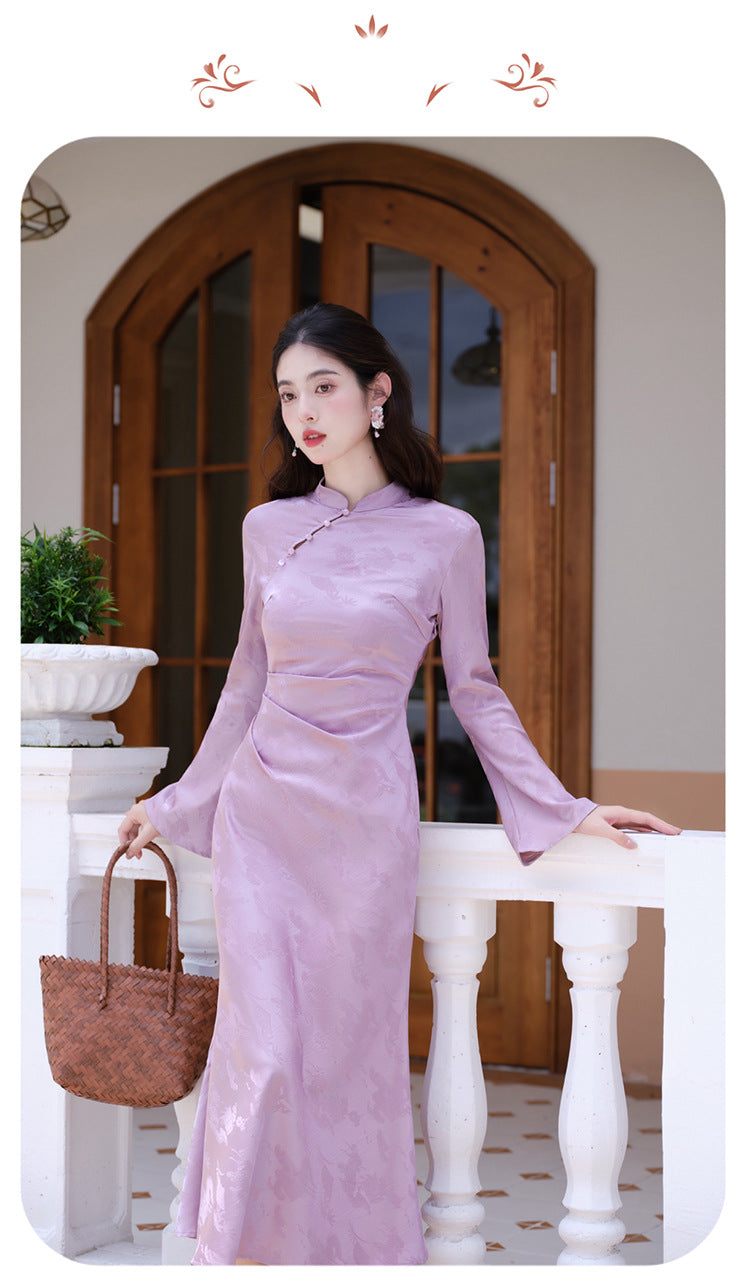 Modern Vintage-Inspired Purple Jacquard Satin Qipao | Mandarin Collar Long Sleeves