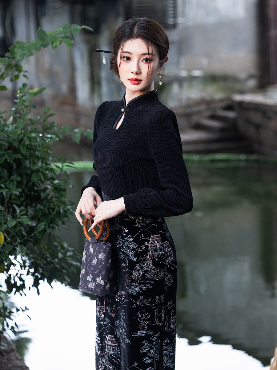 Winter New-Chinese Black Bodycon Dress