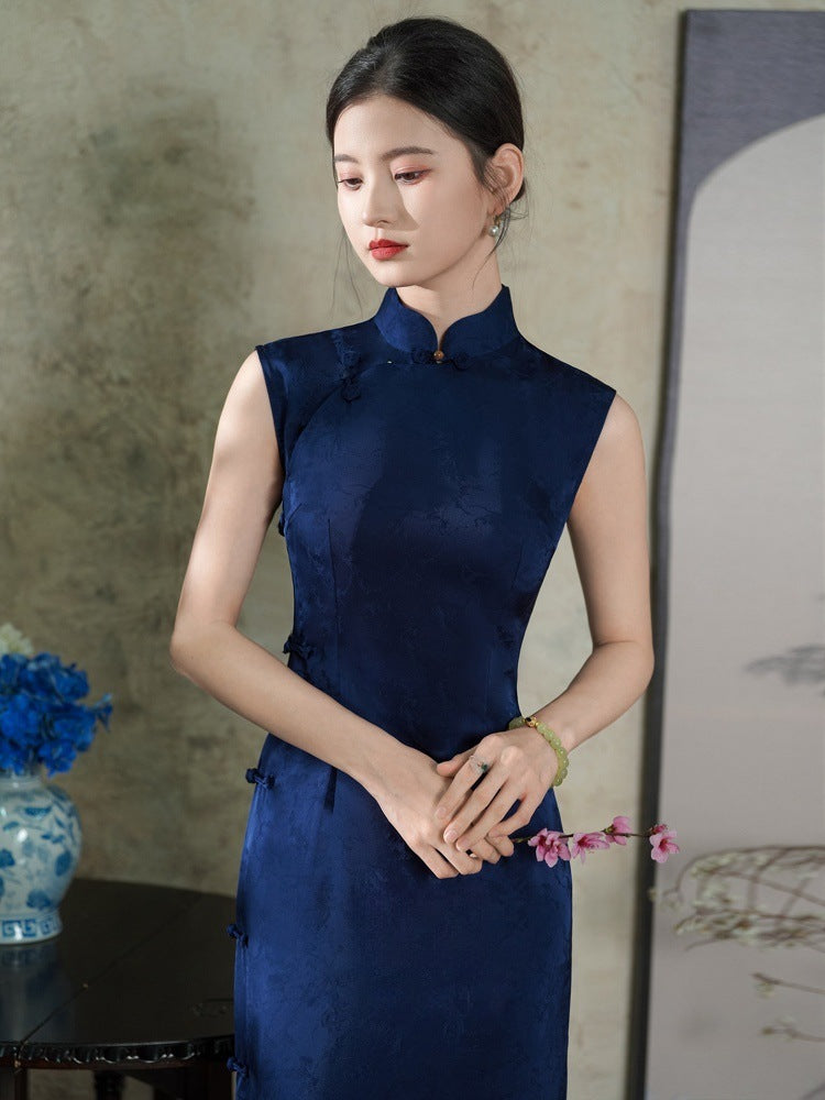 New Chinese Style Blue Sleeveless Full-Front Qipao | Traditional Elegant Floor-Length Design