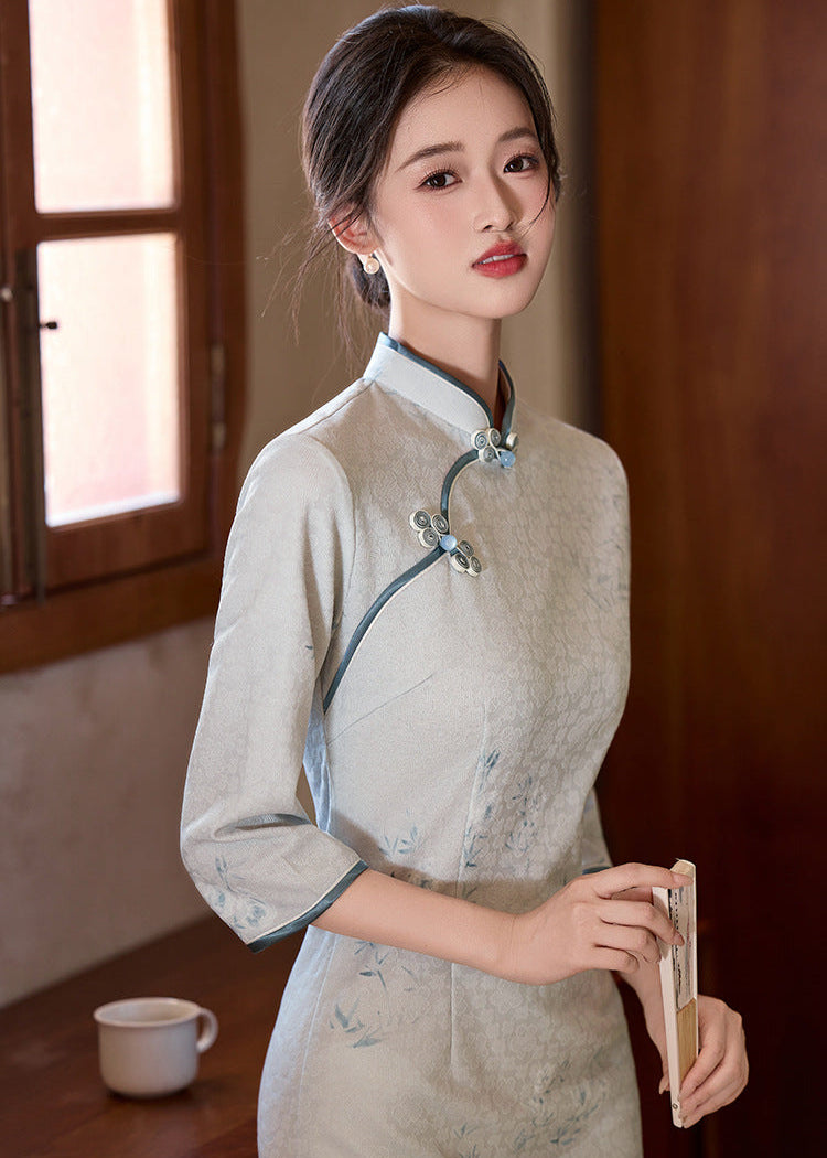 Ice-Blue Jacquard Qipao | 3/4 Sleeve Slim Long Dress