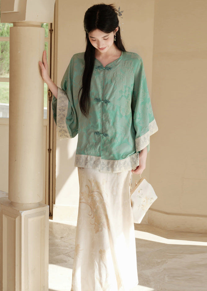 Modern Chinese Set | Brocade Frog-Button Cape Top & Maxi Skirt