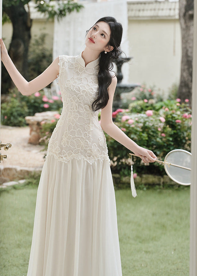 Lace Qipao Gown | Sleeveless White Mandarin Maxi Dress
