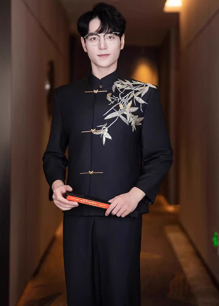 Men’s Black Bamboo Embroidery Zhongshan Suit