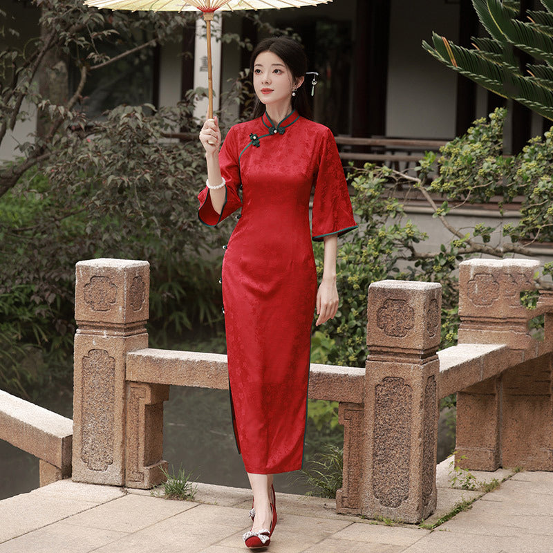 Elegant Red Floral Qipao Dress with Bell Sleeves