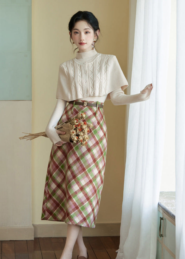 High-Waist Plaid Wool Skirt Set | Two Knit Tops Options