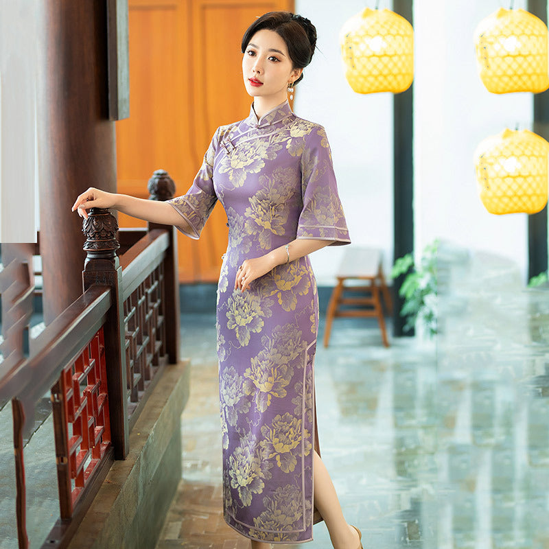 Elegant Purple Floral Brocade Cheongsam Dress with Mandarin Collar