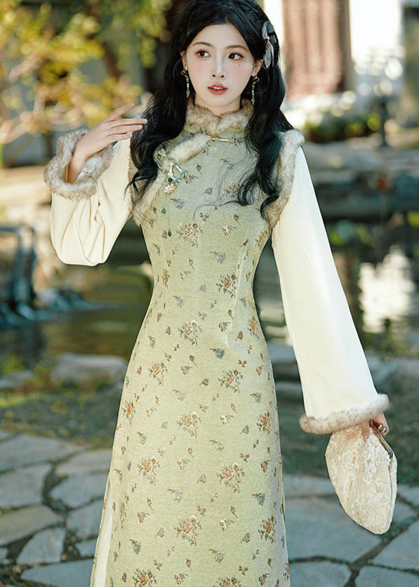Light Green Daily Plush Vintage Qipao for Winter | Elegant Warmth Long Dress