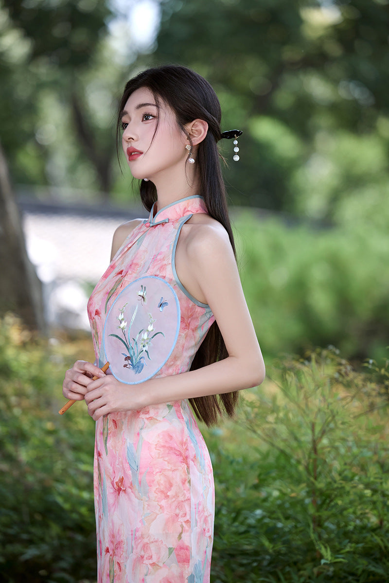 Sleeveless Slim Qipao | Watercolor Print Modern Cheongsam Maxi