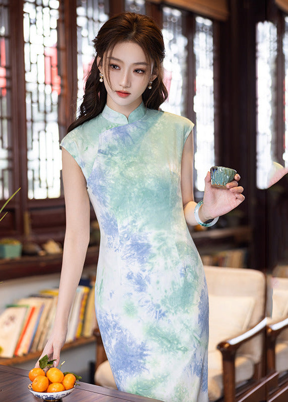 Chinese Ink Print Brocade Qipao | Slim-Fit Mandarin Collar Cheongsam