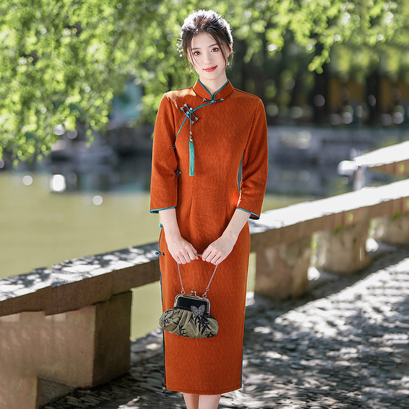 Elegant Red Chinese Style Dress with Floral Embroidery and Tassel Details