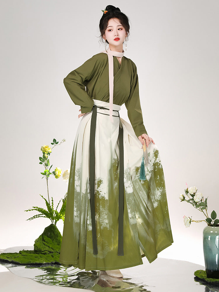 Traditional Chinese Hanfu Dress in Olive Green with Hand-Painted Floral Design