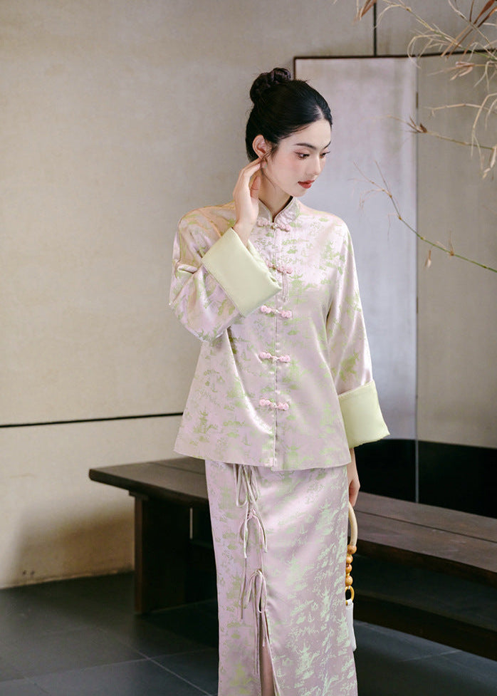New-Chinese Zen Set | Mandarin Top & Slit Skirt Qipao Co-ord