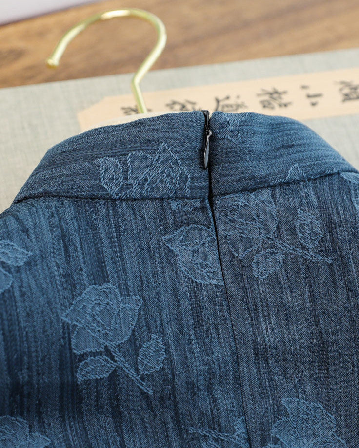 Navy Jacquard Vintage Elegant Qipao Dress | Cap-Sleeve Slim Long Gown