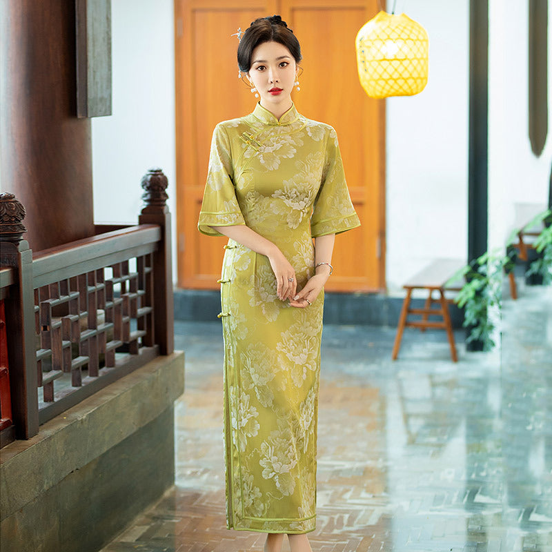Vintage Jacquard Qipao Chinese Slim Hanfu Dress | Elegant Banquet Gown