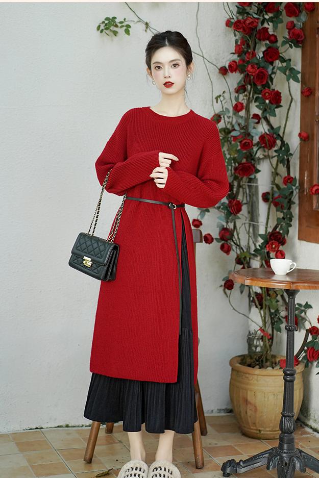 Elegant Red Knit Hanfu Sweater Dress with Belt – Vintage-Inspired Traditional Wear
