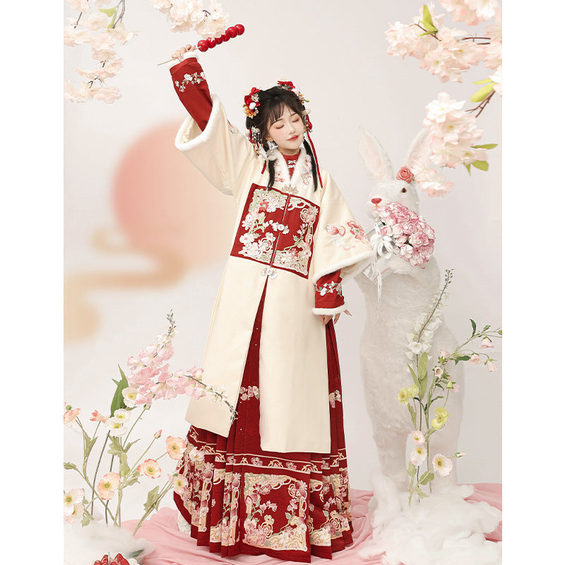 Traditional Red & White Chinese Hanfu with Embroidered Floral Design, Elegant Ancient Chinese Dress for Women