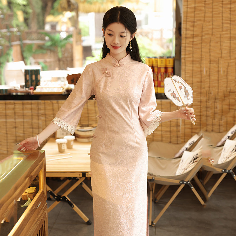 Elegant Pink Qipao Dress with Lace Detailing and Floral Embroidery