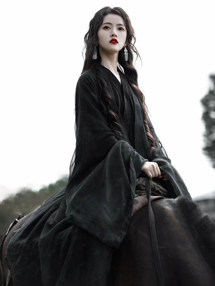 Black Wuxia Hanfu Robe Set For Women Traditional Martial Arts Costume With Wide Sleeves