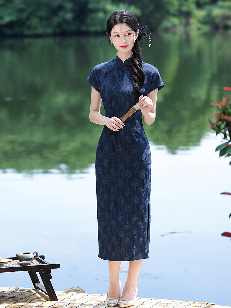 Navy Jacquard Vintage Elegant Qipao Dress | Cap-Sleeve Slim Long Gown