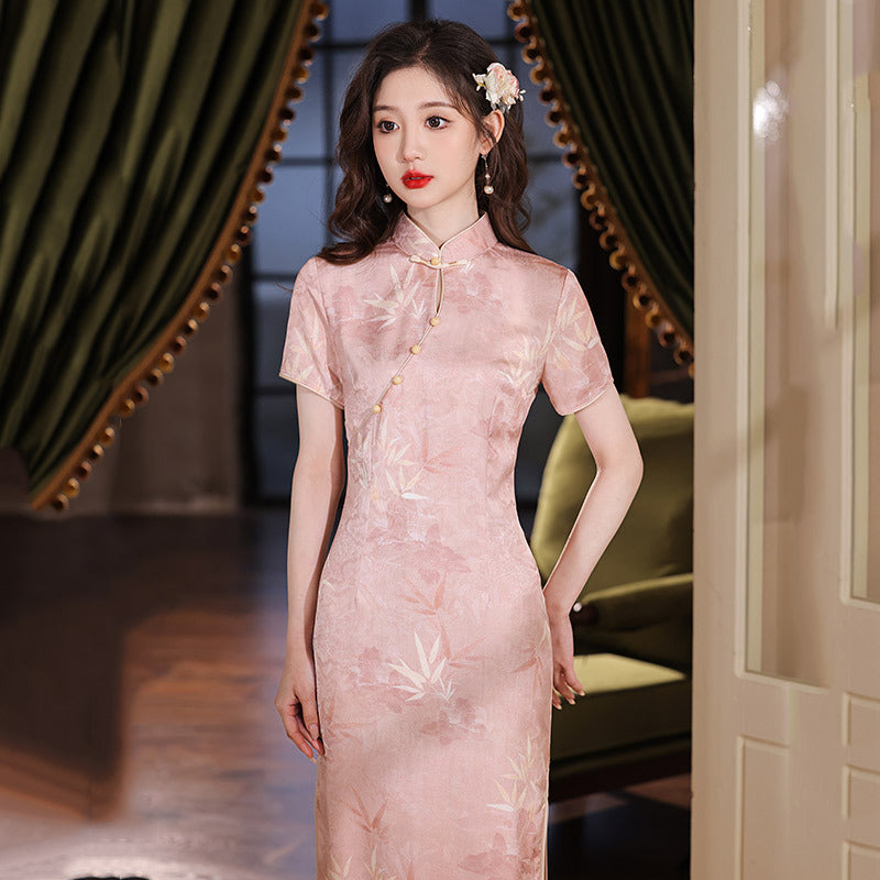Elegant Pink Bamboo Pattern Cheongsam - Short-Sleeve Chinese Dress