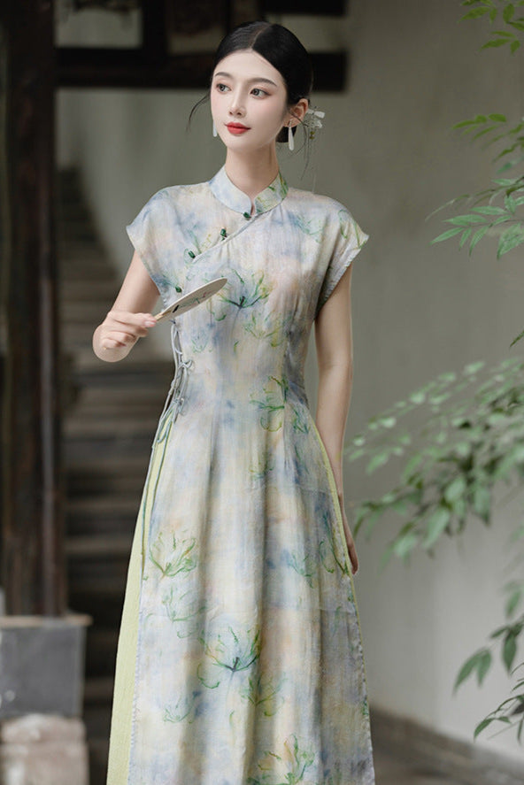 优雅花卉印花汉服两件套,带透明罩层