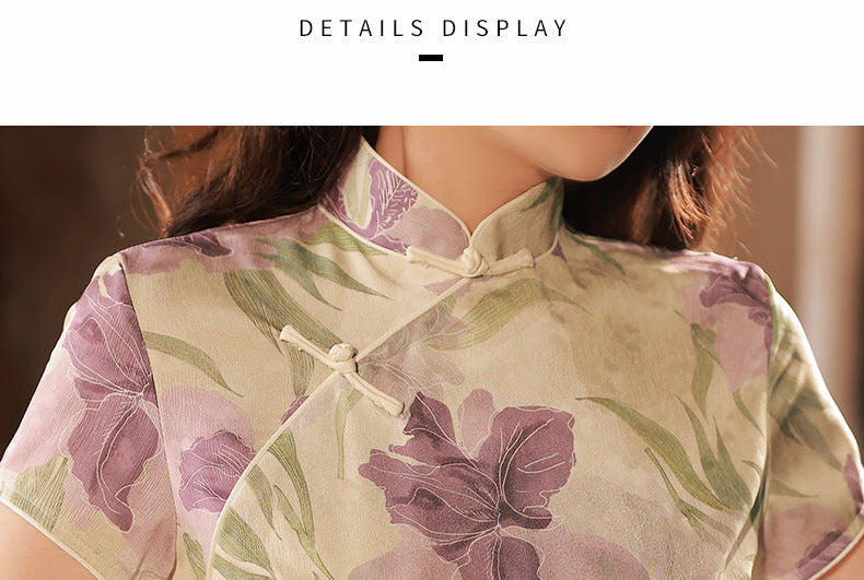 Breathable Linen-Feel Floral Qipao | Soft Green & Lilac Iris
