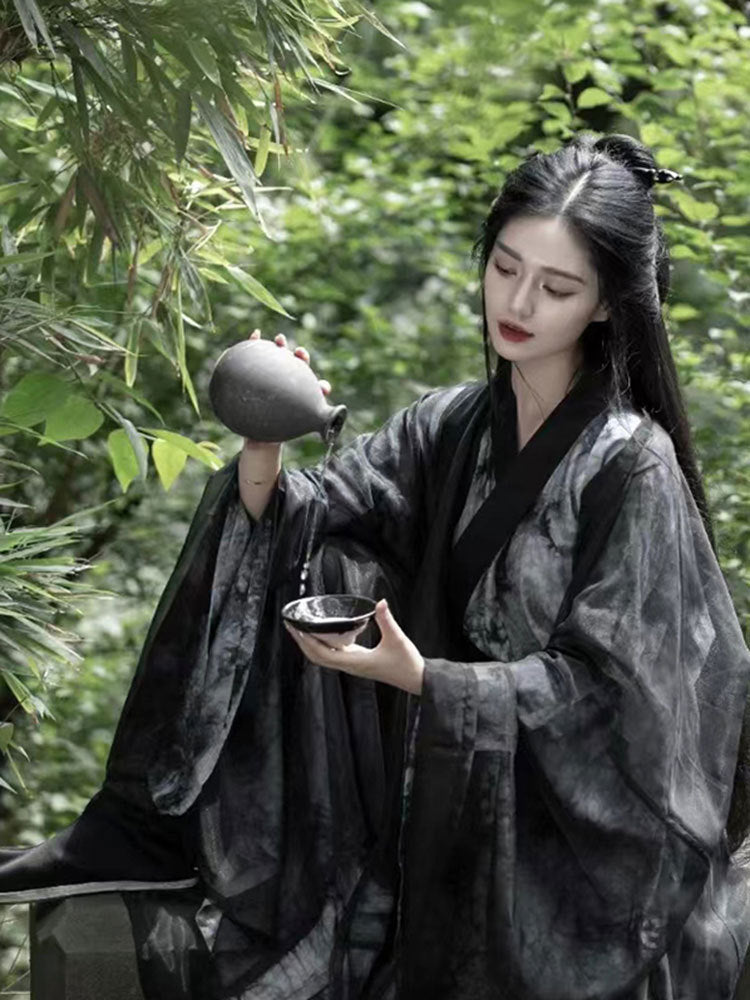Black Ink Hanfu Robe Set Women’s Wuxia Style Ancient Costume With Flowing Sleeves