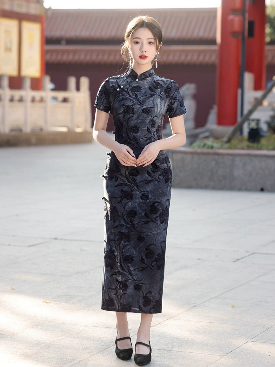 Black Floral Cheongsam Dress Elegant Evening Style