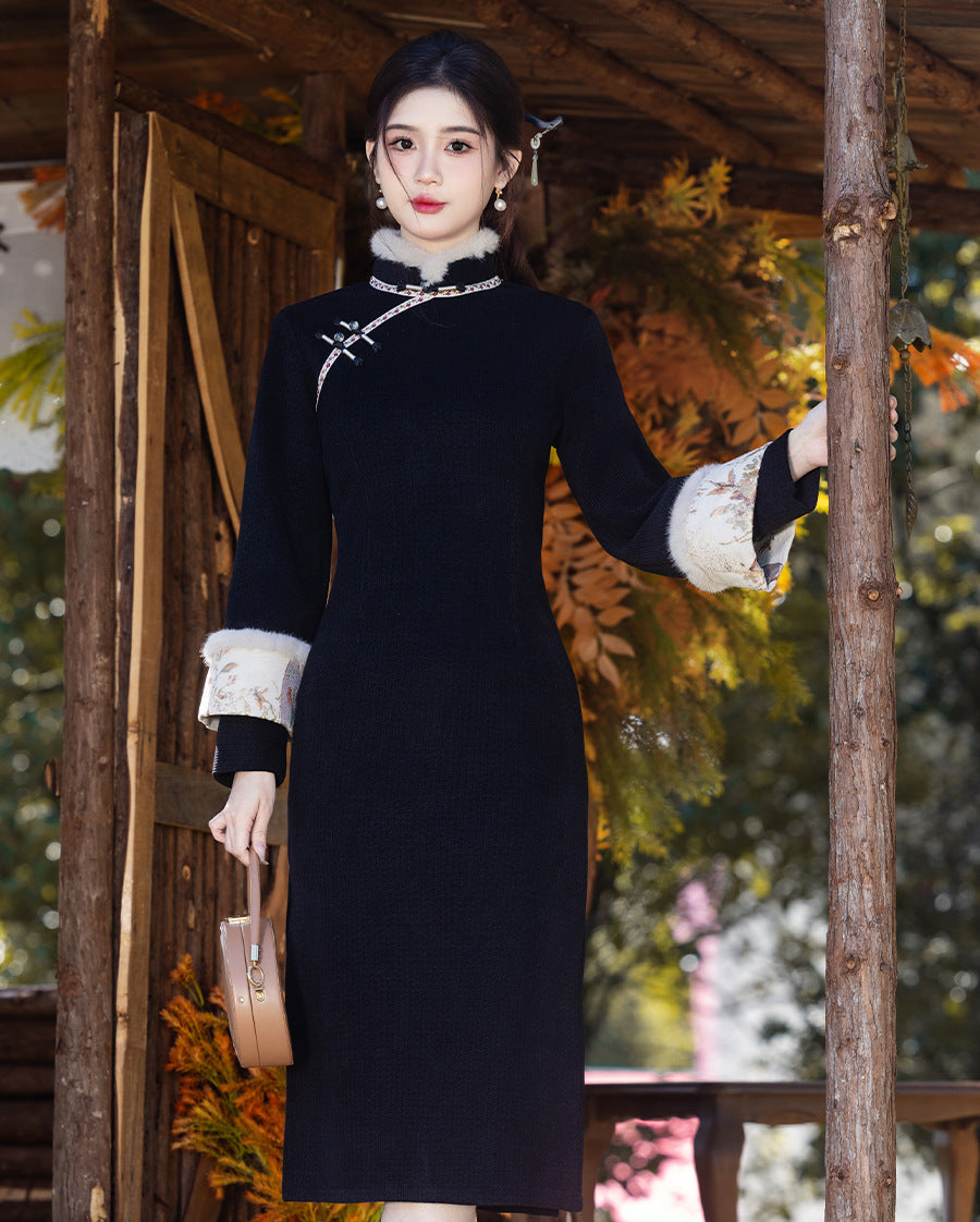 Vintage Chenille Long Sleeve Qipao Dress Winter Warm Midi Cheongsam Hanfu Style