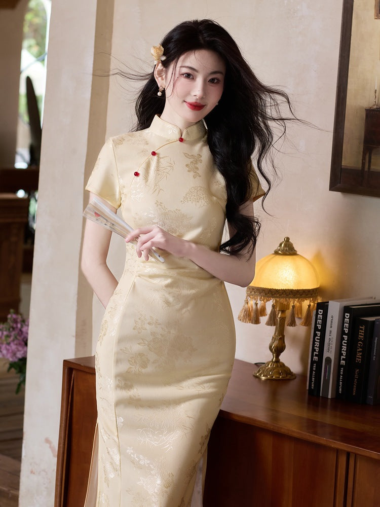 Yellow Jacquard Qipao | Slim Mandarin Collar Short-Sleeve Dress