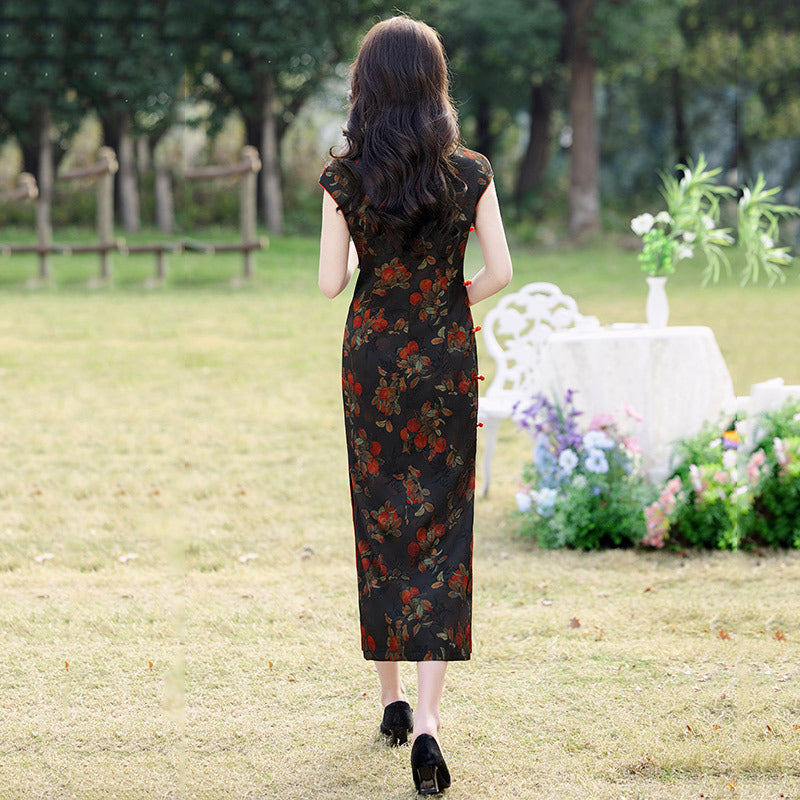 Elegant Floral Cheongsam Dress with Classic Mandarin Collar & Red Knot Details
