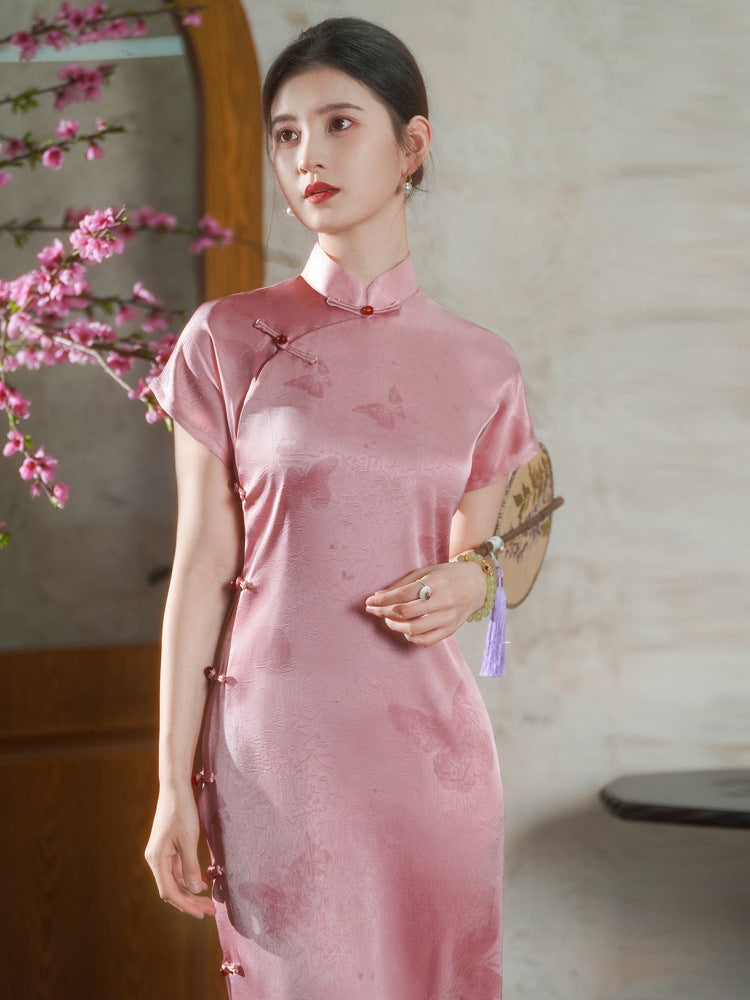 Pink Full-Front Long Qipao | Traditional Design Elegant Women’s Style