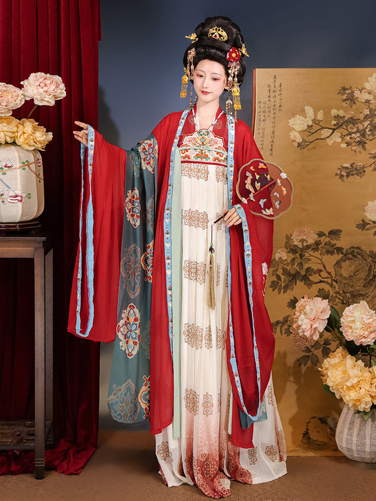 Elegant Embroidered Red Hanfu Dress – Traditional Tang Dynasty Style with Flowing Sleeves