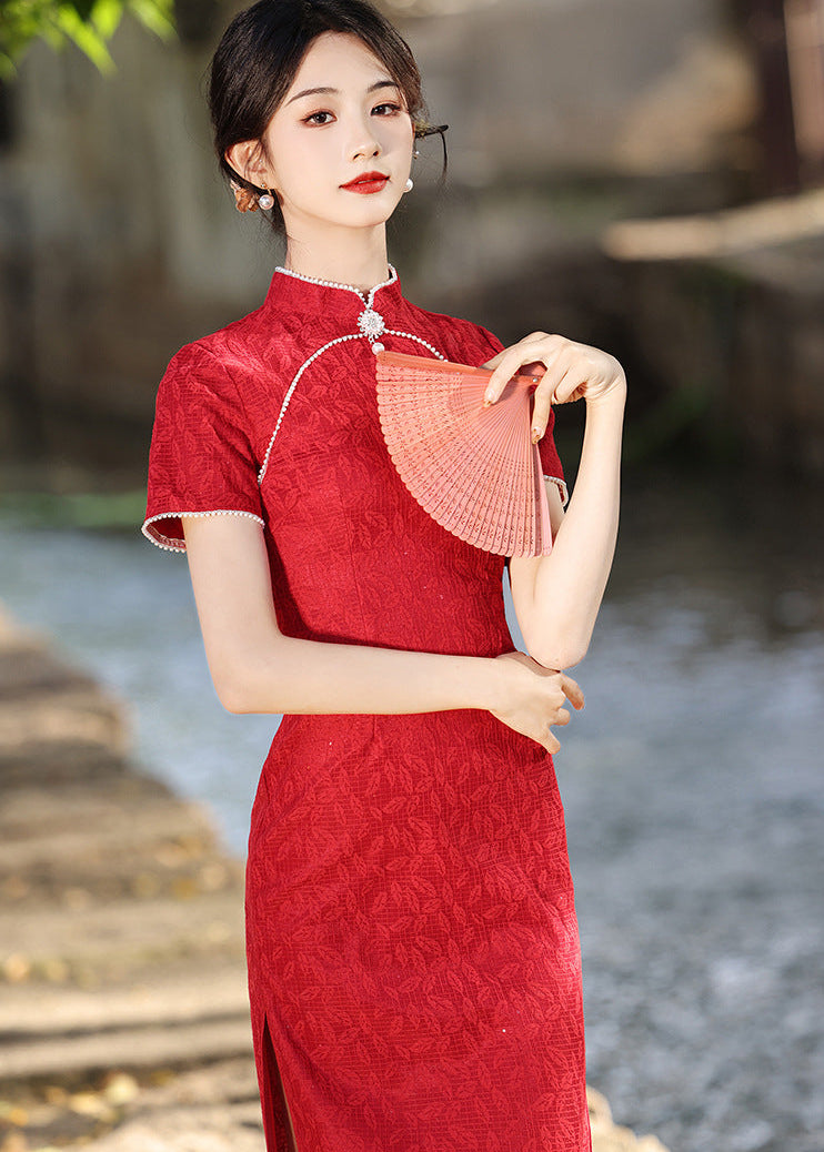 red qipao dress Red Lace Qipao Dress Slim Fit Pearl Trim Mandarin Collar Midi Cheongsam for Banquet