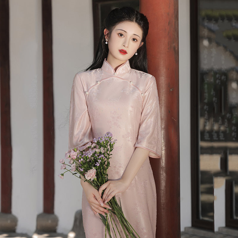 Elegant Pink Floral Cheongsam Dress – Traditional Chinese Qipao with Lace Sleeves