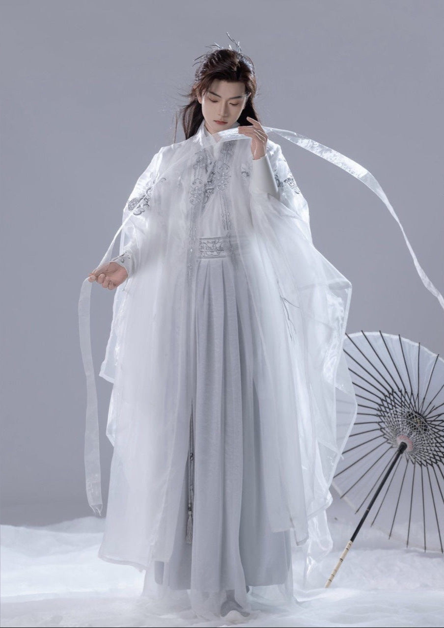 Elegant Embroidered Robe with Long Sleeves and Umbrella | White Traditional Chinese Hanfu Costume for Men
