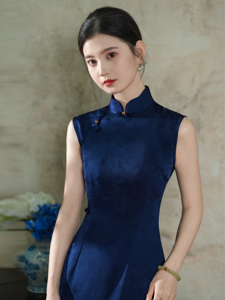 New Chinese Style Blue Sleeveless Full-Front Qipao | Traditional Elegant Floor-Length Design
