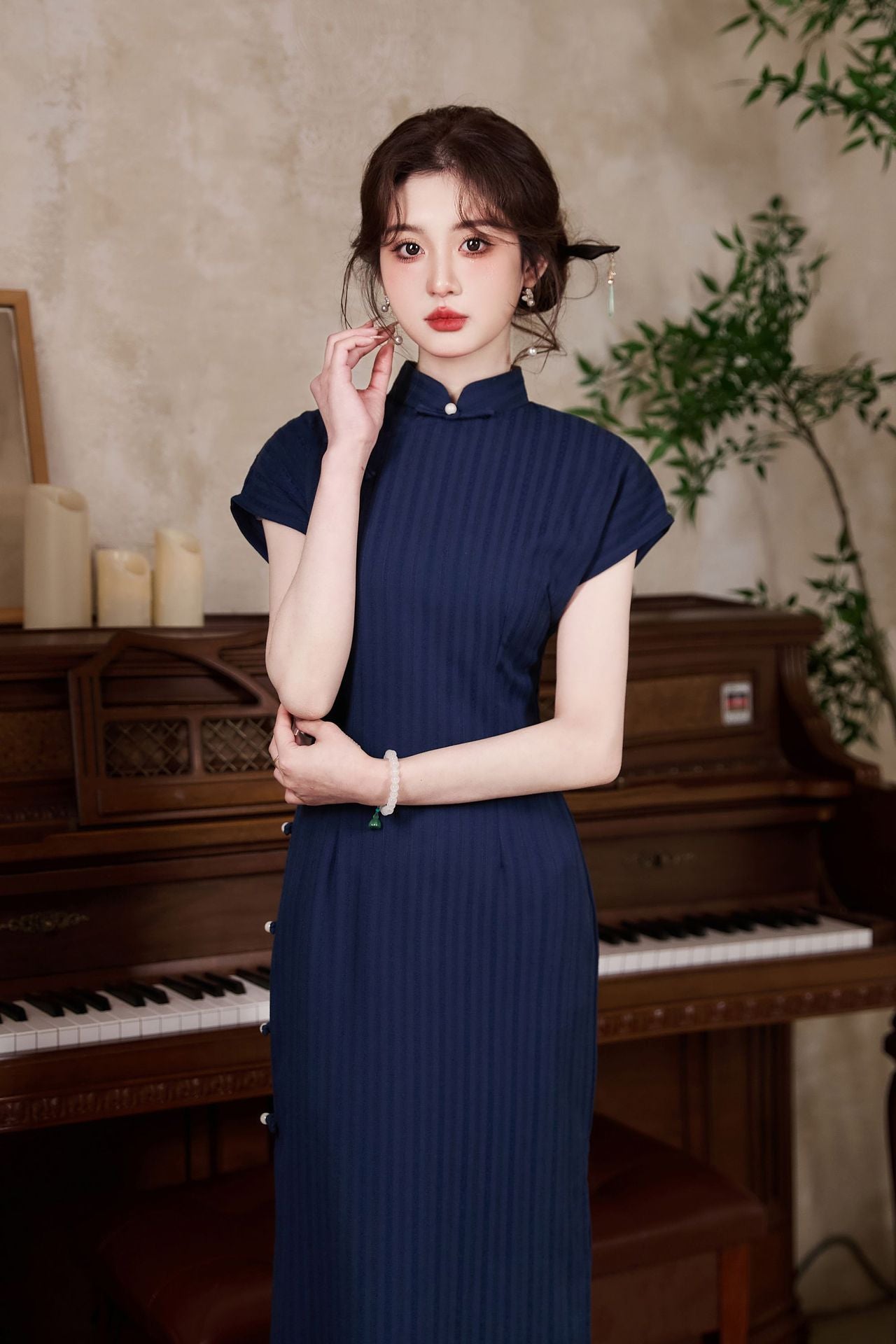 New Chinese Style Vintage Cheongsam Dress | Ribbed Slim Midi Mandarin