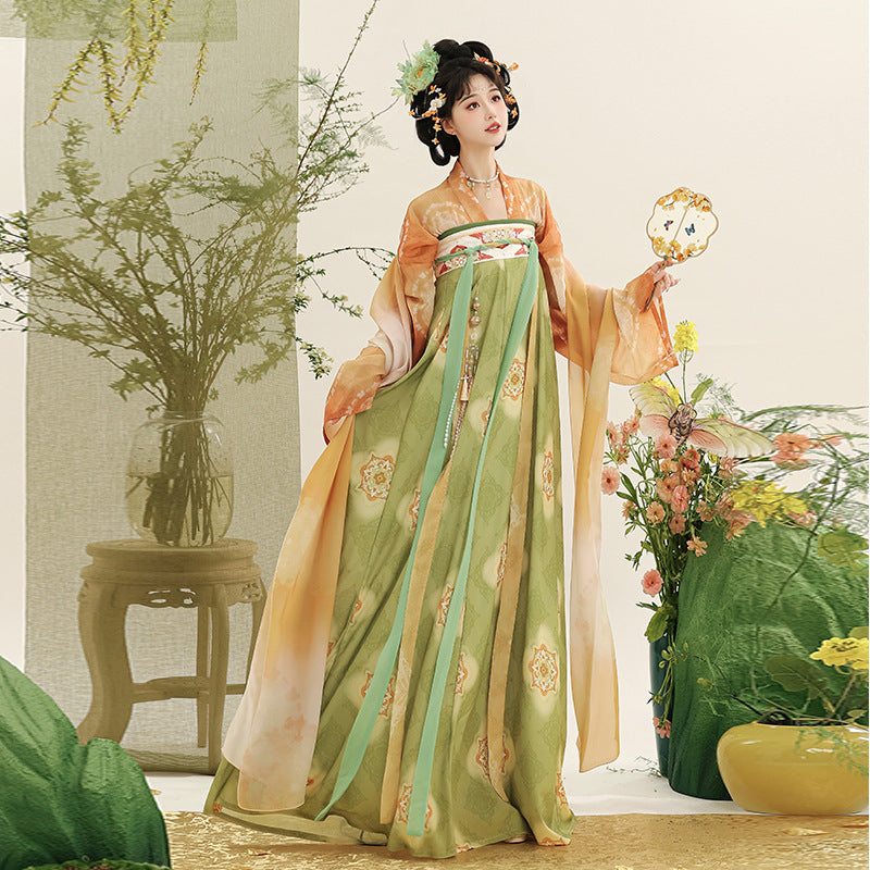 优雅汉服花卉图案百褶裙女装 - 绿橙配色