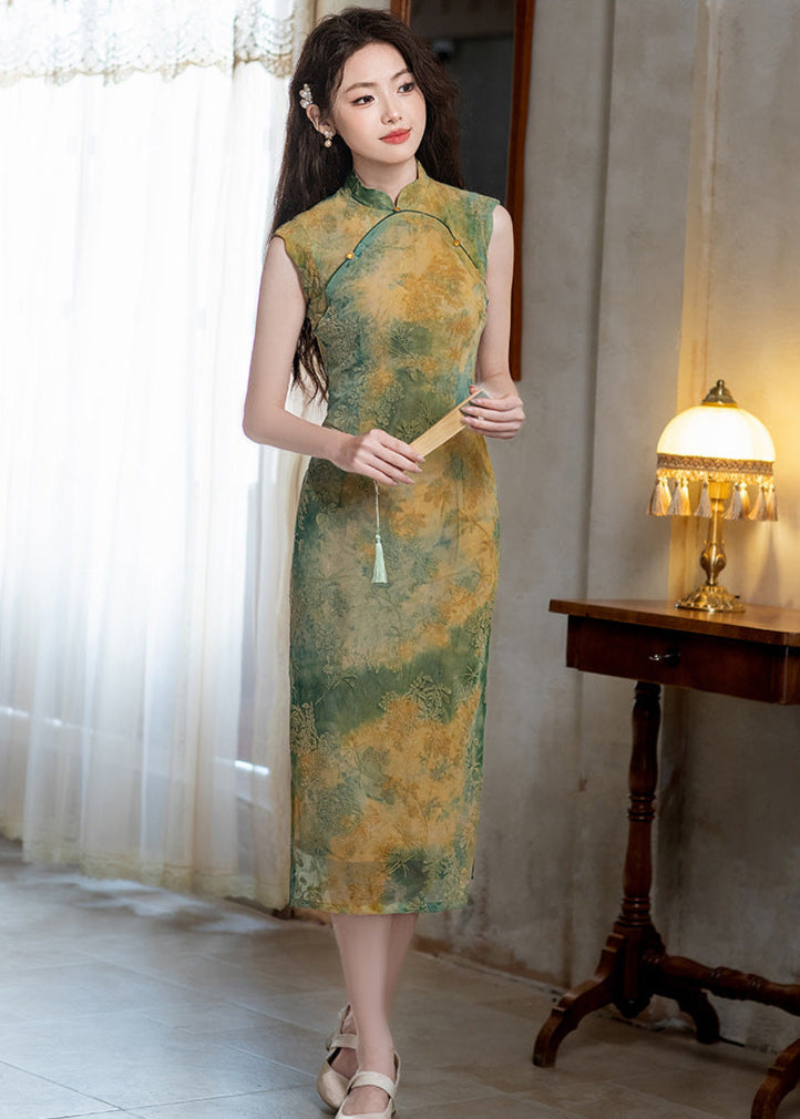 Vintage Yellow & Green Gradient Qipao Long Slim Dress